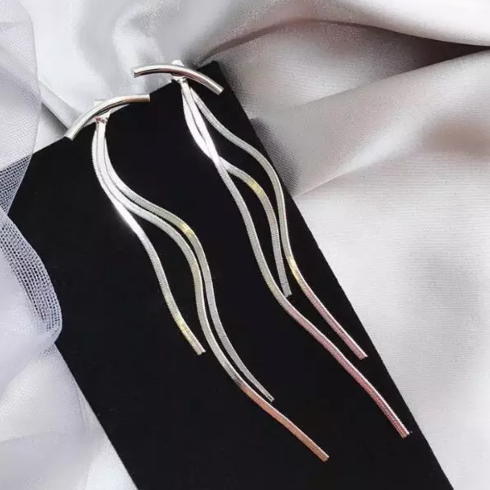 STERLING SILVER TASSEL BAR LONG ARC EARRINGS - Picture 3 of 3